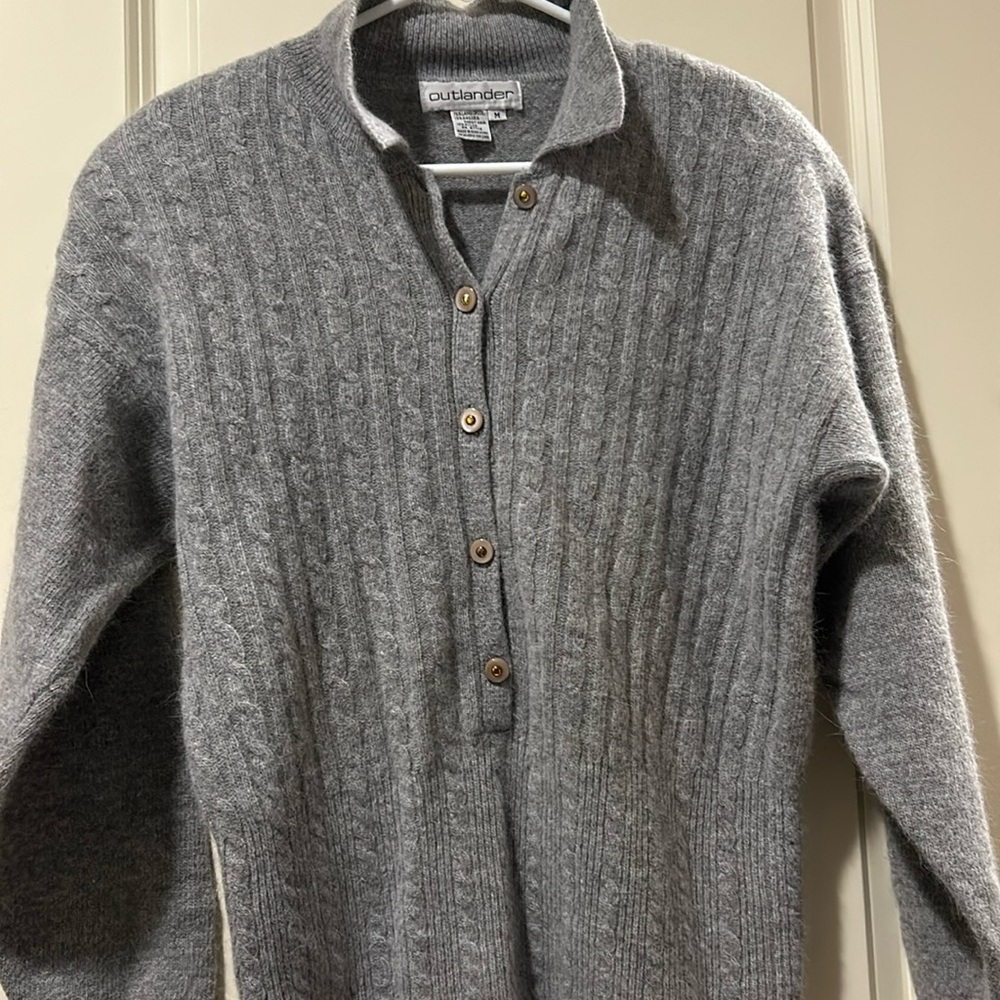 Outlander lambswool/angora 1/2 button down knit herringbone collar sweater sizeM
